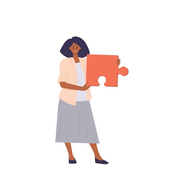 Personaje exitoso de mujer de negocios o empleada de la compañía con rompecabezas aislados en fondo blanco Ilustración vectorial de trabajadora de oficina femenina inteligente o gerente ejecutivo con pensamiento creativo