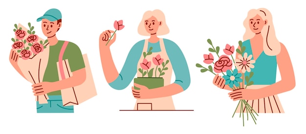 Personaje feliz con ramo Hombres y mujeres sosteniendo racimos de flores Pareja enamorada Citas románticas Personas que llevan flores en el carrito Entrega de flores en bicicleta Plantas naturales Regalos en flor Conjunto vectorial