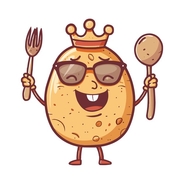 El personaje feliz del rey de la patata de dibujos animados con gafas de sol sosteniendo una cuchara