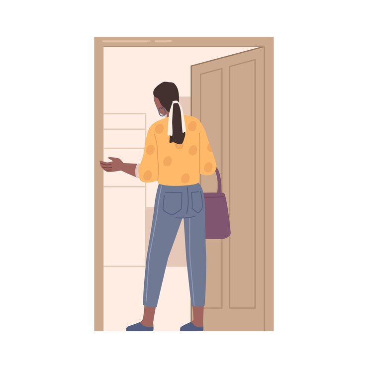 Vector personaje femenino abriendo puertas entrando a la habitación o edificio mujer espalda chica parada en la puerta de entrada a la casa vector chica regresa a casa ilustración de dibujos animados planos