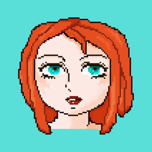 Personaje femenino de anime pixel con cabello naranja brillante