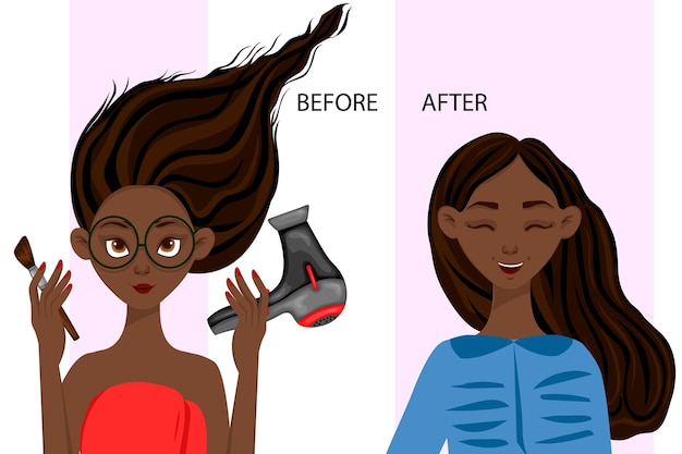 personaje femenino antes y después del peinado y el maquillaje
