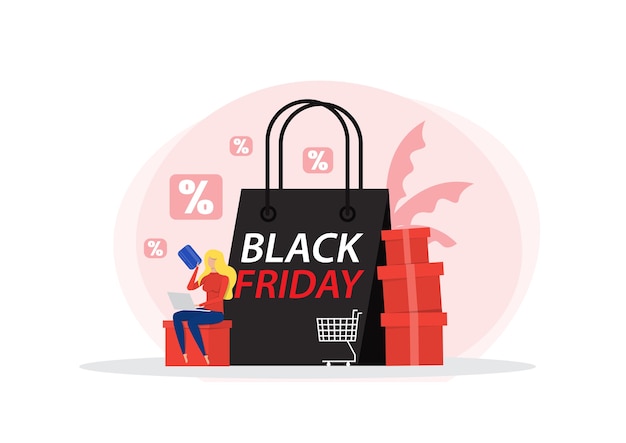 Personaje femenino apoyado en grandes bolsas de la compra. Venta de viernes negro en computadora portátil