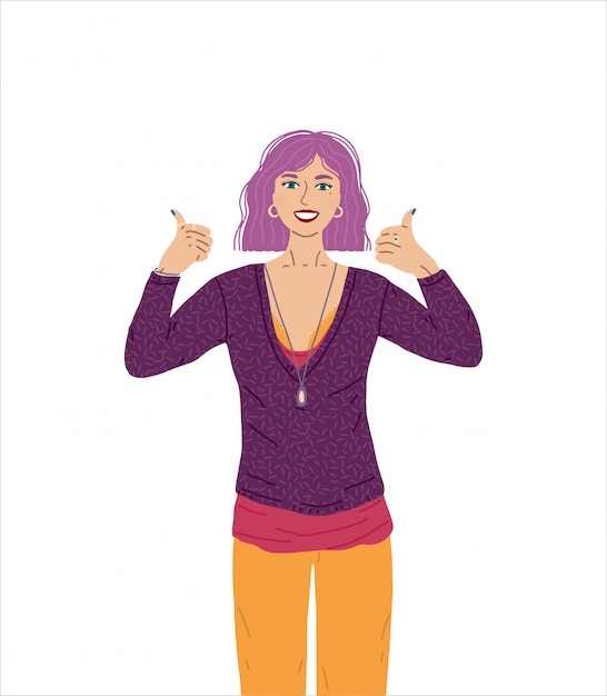 Vector personaje femenino aprobando, haciendo un gesto positivo con la mano. mujer sonriendo ampliamente, feliz y positiva, confiada y exitosa, con ambos pulgares arriba. gesto ganador