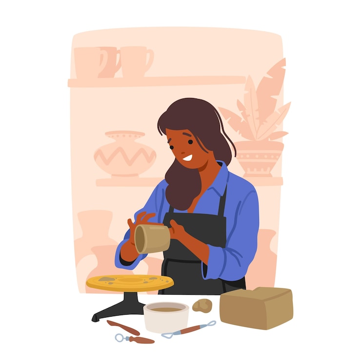 Vector personaje femenino artesano que da forma a la arcilla que elabora una hermosa vasija hábilmente tallada y glaseada transformando la materia prima en piezas de cerámica funcionales y artísticas personas de dibujos animados ilustración vectorial