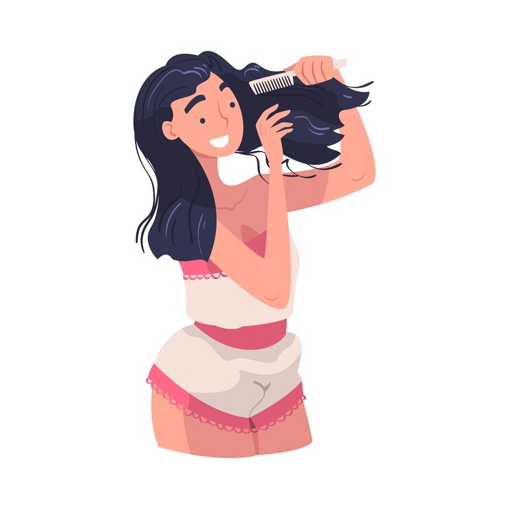 Vector personaje femenino en el baño haciendo el procedimiento de higiene cepillándose el cabello con ilustración vectorial de peine