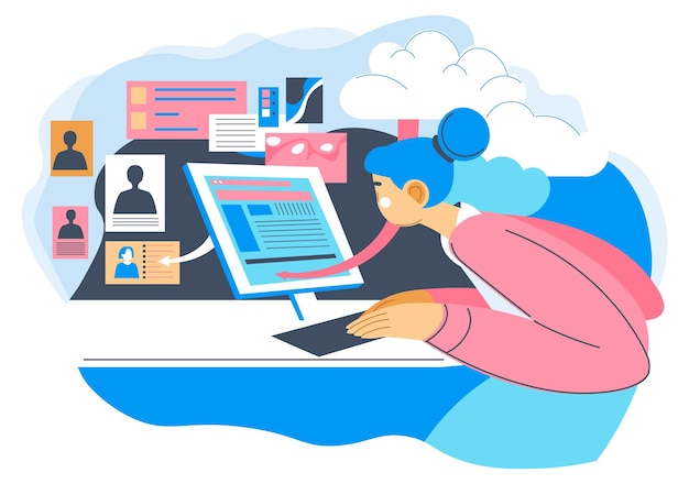 Personaje femenino buscando información en el sitio web en línea Mujer con computadoras portátiles mirando imágenes y comunicación de avatares en la aplicación de red Sitios web digitales para hablar vector en plano