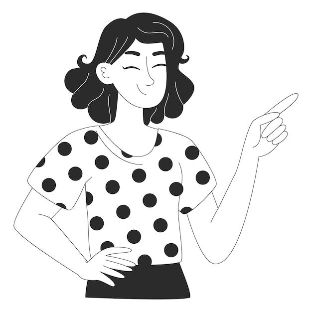 Personaje femenino con el cabello rizado apuntando a la derecha en un estilo de contorno de camisa con puntos polkadot