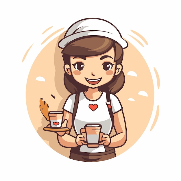 Personaje femenino de una cafetería sosteniendo una taza de café y una baguette