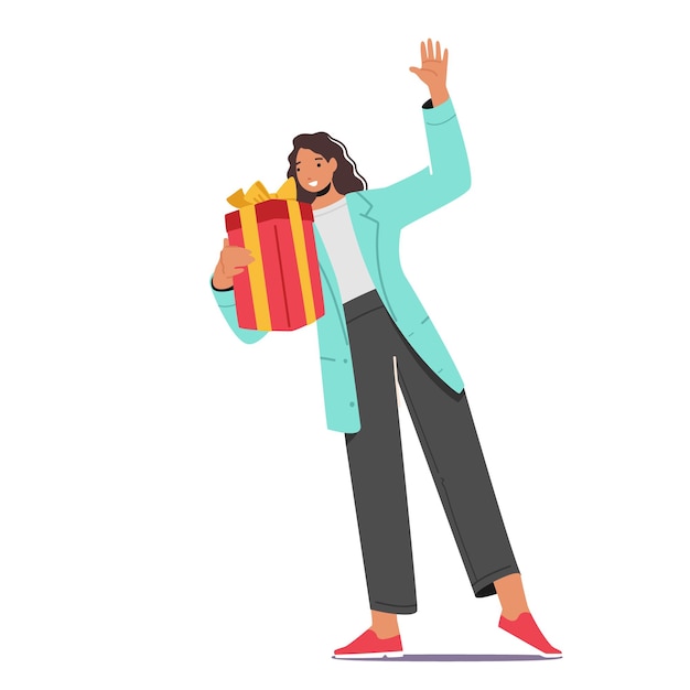 Personaje femenino con caja de regalo agitando la mano aislada sobre fondo blanco Mujer comprando regalos durante la venta festiva