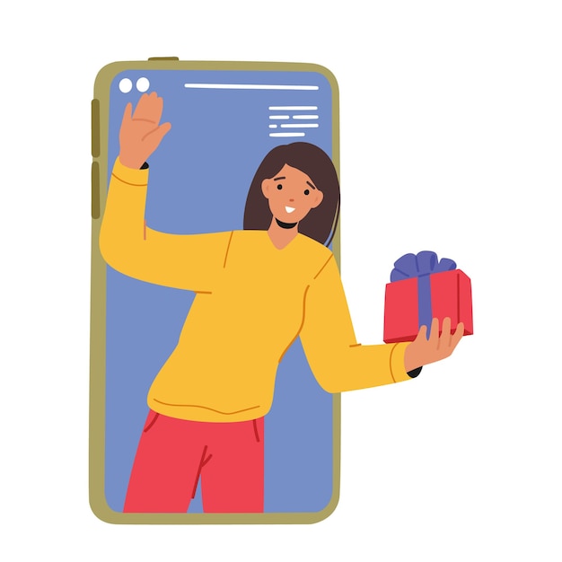 Personaje femenino con caja de regalo en la enorme pantalla del teléfono inteligente Descuento o venta de bonificación del programa de fidelización de spam social