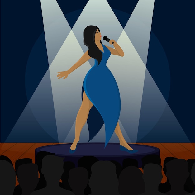 Vector personaje femenino cantando con micrófono concierto de música pop ilustración vectorial