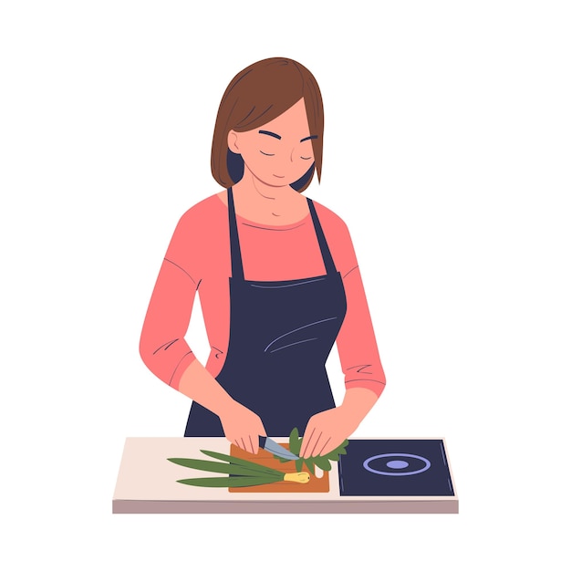 Personaje femenino cocinando en casa de pie en la mesa cortando cebollas con cuchillo Ilustración vectorial