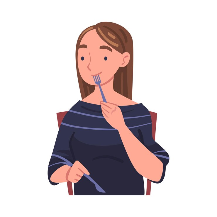 Vector personaje femenino comiendo comida en casa sentado a la mesa con cuchillo y tenedor ilustración vectorial