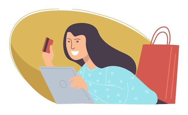 Personaje femenino comprando y obteniendo productos de tiendas y comercios online. Mujer con tarjeta de crédito plástica para pagar pedidos. Comercio electrónico y consumismo. Chica con bolsas. Vector en estilo plano