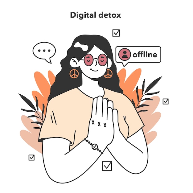 Personaje femenino de desintoxicación digital tomando un descanso del dispositivo digital
