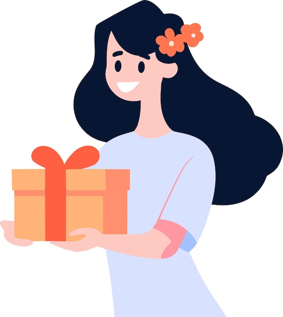 Personaje femenino dibujado a mano con caja de regalo en estilo plano aislado en el fondo