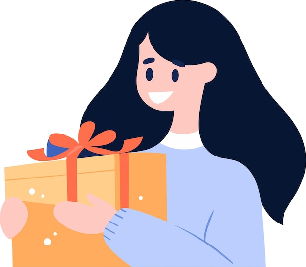 Personaje femenino dibujado a mano con caja de regalo en estilo plano aislado en el fondo