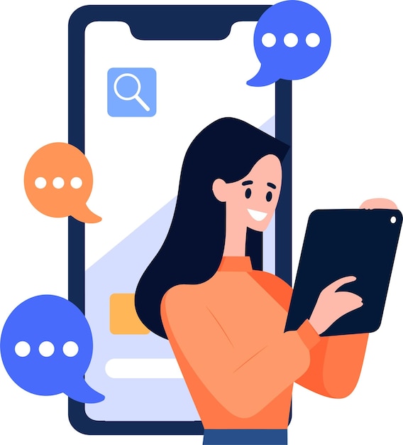 Personaje femenino dibujado a mano hablando con un smartphone sobre un concepto de comunicación online en estilo plano aislado en el fondo