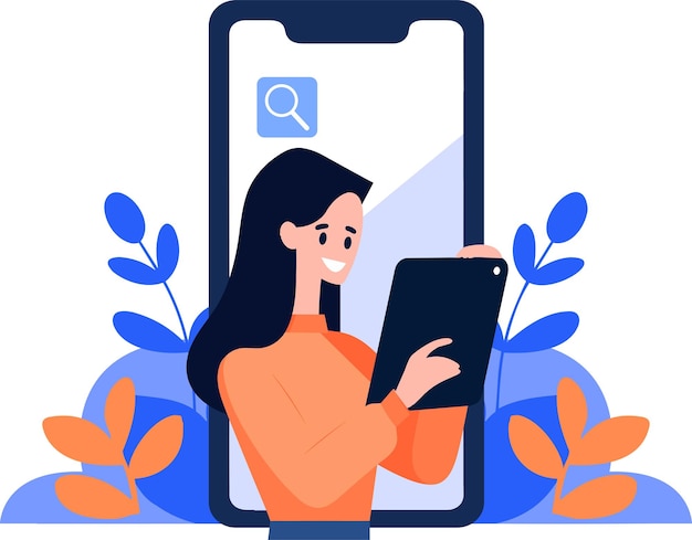 Vector personaje femenino dibujado a mano hablando con un teléfono inteligente en el concepto de comunicación en línea en estilo plano aislado en el fondo