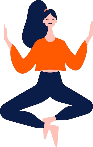 Personaje femenino dibujado a mano haciendo yoga o meditando en estilo plano aislado en el fondo