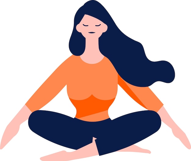 Personaje femenino dibujado a mano haciendo yoga o meditando en estilo plano aislado en el fondo