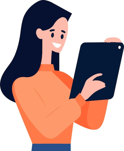 Vector personaje femenino dibujado a mano sosteniendo una tableta o teléfono inteligente en estilo plano aislado en el fondo