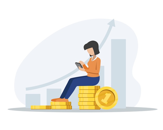 Personaje femenino de dibujos animados ahorrando su dinero para obtener ingresos en el teléfono celular Concepto de servicios bancarios Proceso de gestión financiera moderno Beneficio de inversión empresarial Vector