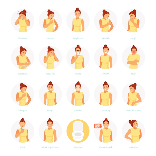 Personaje femenino con diferentes síntomas de enfermedad.