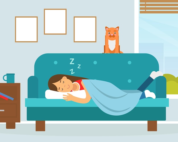 Personaje femenino durmiendo o durmiendo en el sofá cubierto con una ilustración vectorial de manta