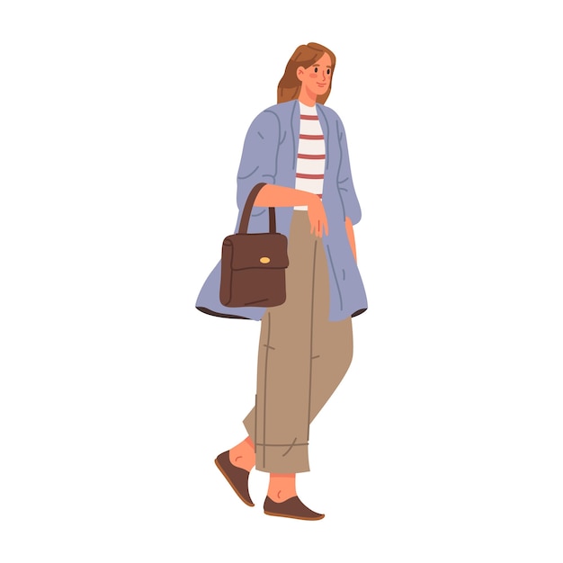 Personaje femenino elegante con bolsa caminando