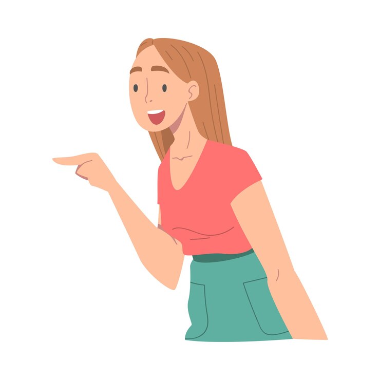 Vector personaje femenino emocionado mirando a alguien señalando con el dedo demostrando atención ilustración vectorial