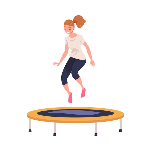 Personaje femenino emocionado saltando y rebotando en el trampolín involucrado en la ilustración vectorial de actividad recreativa