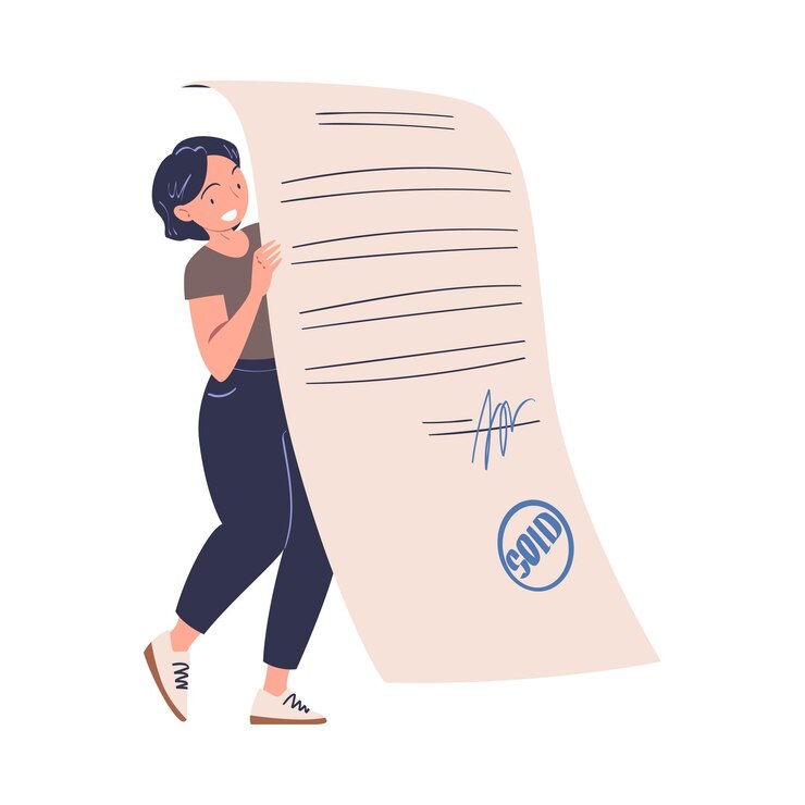 Vector personaje femenino con un enorme documento de papel haciendo contrato y acuerdo de acuerdo ilustración vectorial