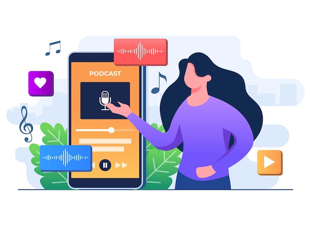 El personaje femenino escucha el podcast en su teléfono inteligente