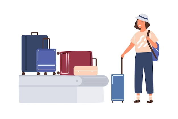 El personaje femenino espera y recoge su equipaje de la cinta transportadora. Puesto de turista joven con maleta y mochila. Ilustración de dibujos animados de vector plano de llegada al aeropuerto aislado en blanco.