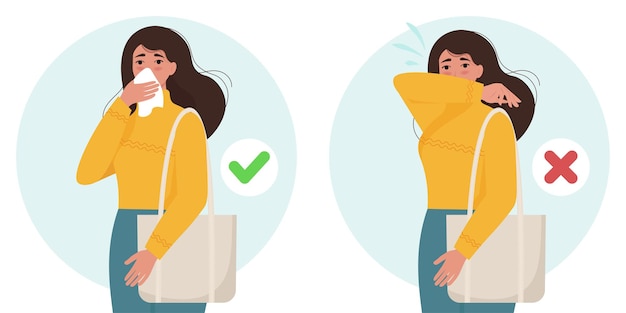 Personaje femenino estornudando y tosiendo bien y mal. Propagación de prevención de virus. ilustración en estilo plano