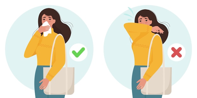 Vector personaje femenino estornudando y tosiendo bien y mal. propagación de prevención de virus. ilustración en estilo plano