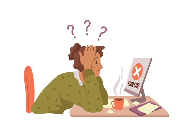 Personaje femenino estresado por trabajo de computadora roto