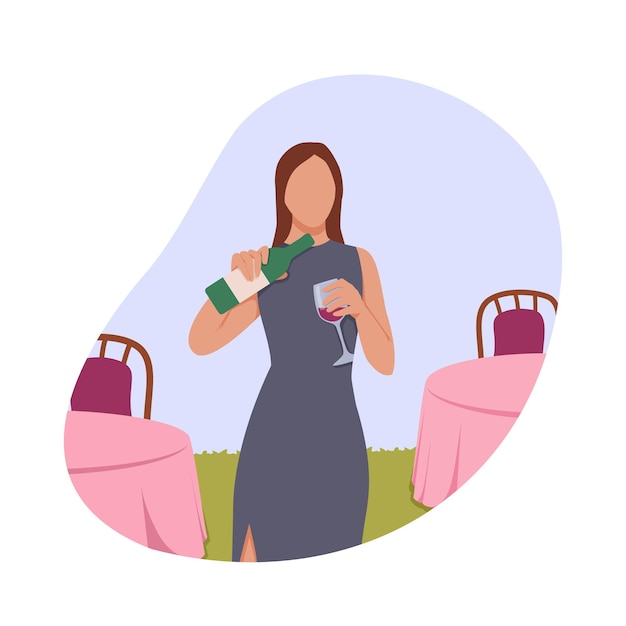 Vector personaje femenino fabricando vino orgánico mujer vierte vino tinto en una copa tour de degustación copa de aperitivo antes de la cena comprobación de la calidad de la bebida