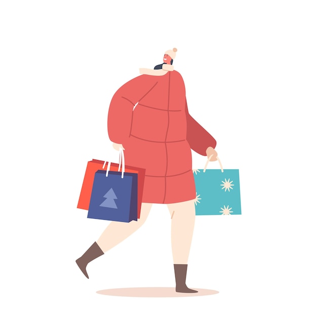 Personaje femenino feliz Llevar bolsas de regalo Mujer con grandes paquetes de regalos envueltos Evento festivo y vacaciones de invierno