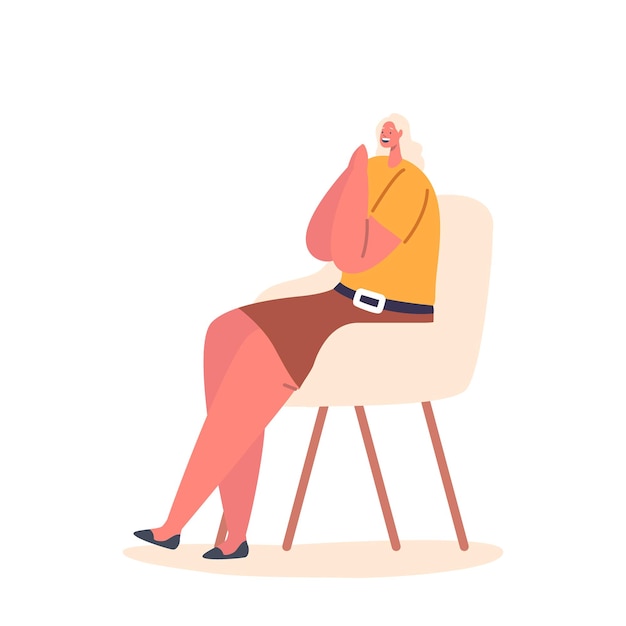 Personaje femenino feliz en el taburete Mujer emocionada se sienta en la silla radiante de emoción Su postura exuda alegría