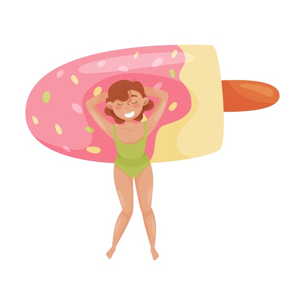 Vector personaje femenino flotando en una balsa inflable de goma en forma de helado en el vector de la piscina