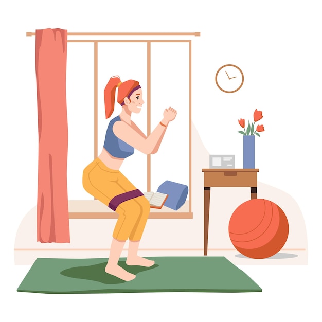 Vector personaje femenino haciendo ejercicios y deportes durante la cuarentena en el gimnasio en casa en la habitación de la señora