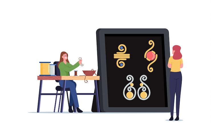 Vector personaje femenino haciendo joyas de hilo de alambre de cobre y perlas de colores en el hilo. artesanía creativa, pasatiempo hecho a mano. mujer crea concepto de bisutería pulsera o collar. ilustración vectorial de dibujos animados