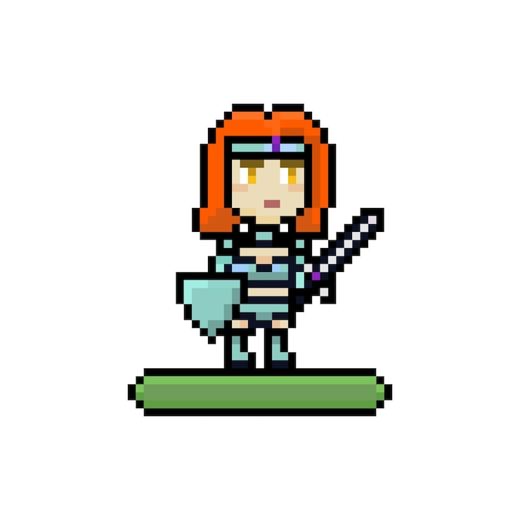Vector personaje femenino de héroe de interfaz de juego de píxeles con escudo y espada para juego móvil de 8 bits