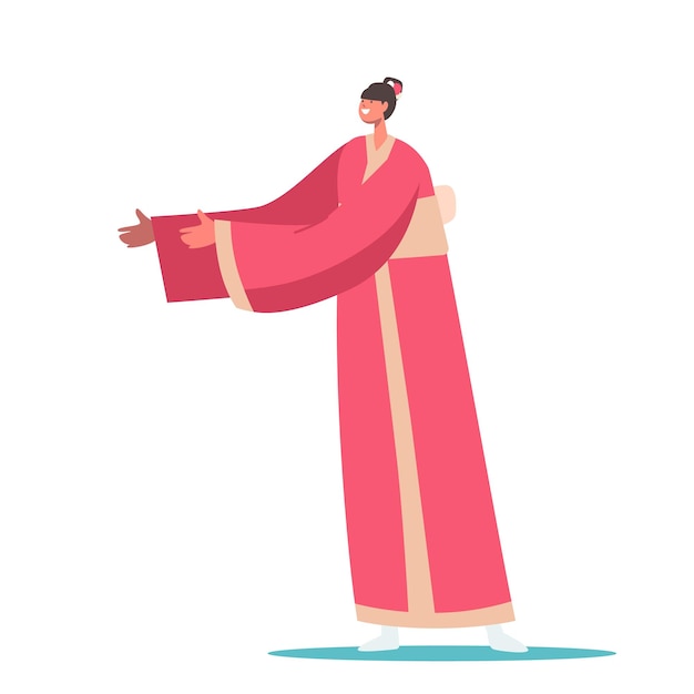 Personaje femenino japonés geisha, mujer de kyoto usar ropas tradicionales aisladas sobre fondo blanco. chica joven usa vestido largo rojo con cinturón ancho posando. ilustración de vector de gente de dibujos animados