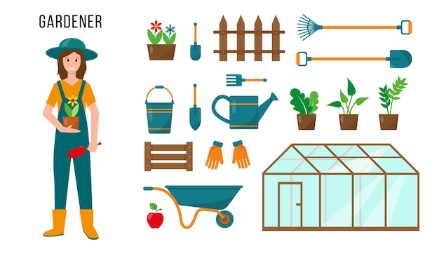 Personaje femenino jardinero y conjunto de herramientas de jardinería para su trabajo. concepto de personas de profesión.