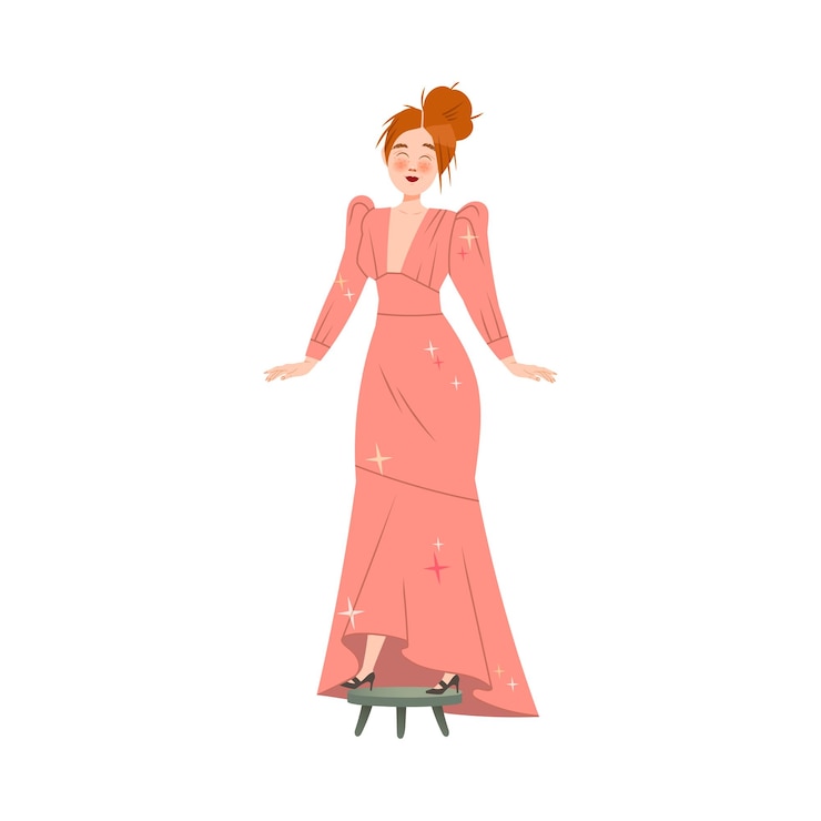 Vector personaje femenino joven ajustando un vestido largo en un taller o estudio de sastre ilustración vectorial