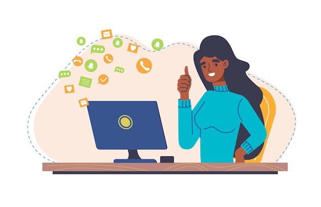 El personaje femenino joven está trabajando como freelance la mujer sonriente está trabajando en la computadora remotamente